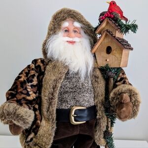 19" Woodland Santa Claus Centerpiece Doll Leopard Fur Coat Birdhouse Rustic Luxe